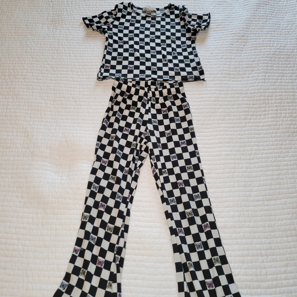 Dream Girl Kids Checkered Butterfly Ribbed 2-Piece Set Flare PJs Top‎ Size 5/6